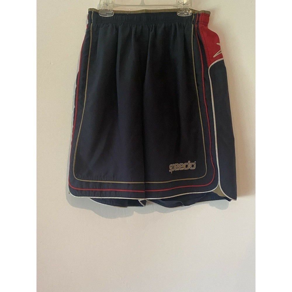 Speedo Swim Trunks Shorts Medium Drawstring Elastic Black Red Loose Pocket